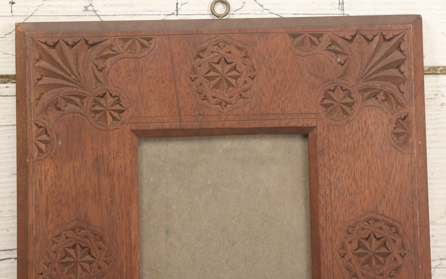 Lot 108 - Vintage Folk Art Carved Wooden Frame With Geometric Patterns, Includes Glass And Backing Board, Frame Empty