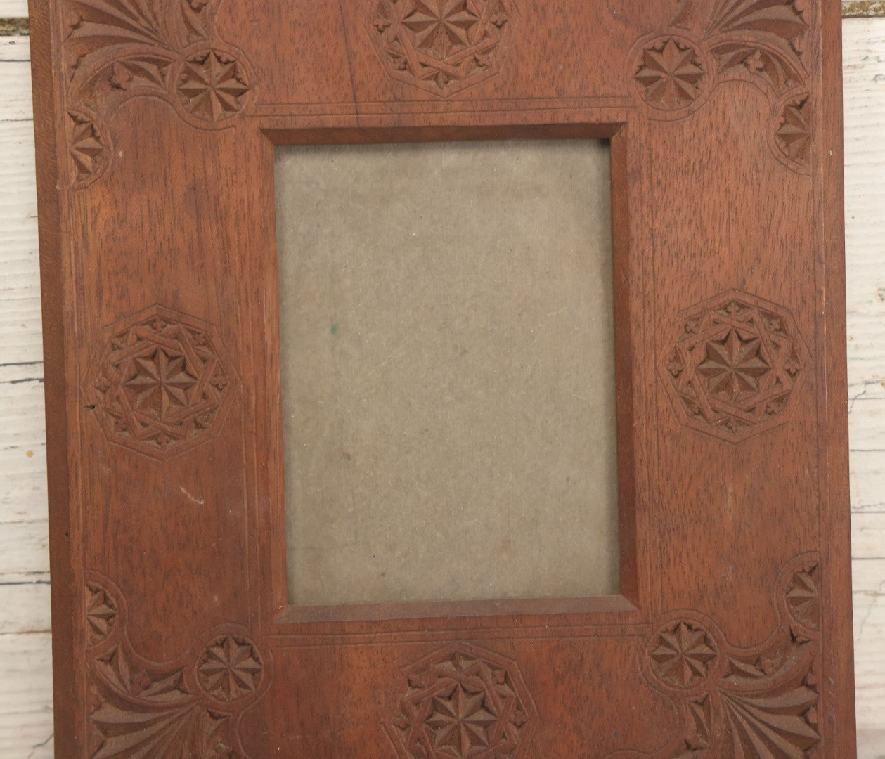 Lot 108 - Vintage Folk Art Carved Wooden Frame With Geometric Patterns, Includes Glass And Backing Board, Frame Empty