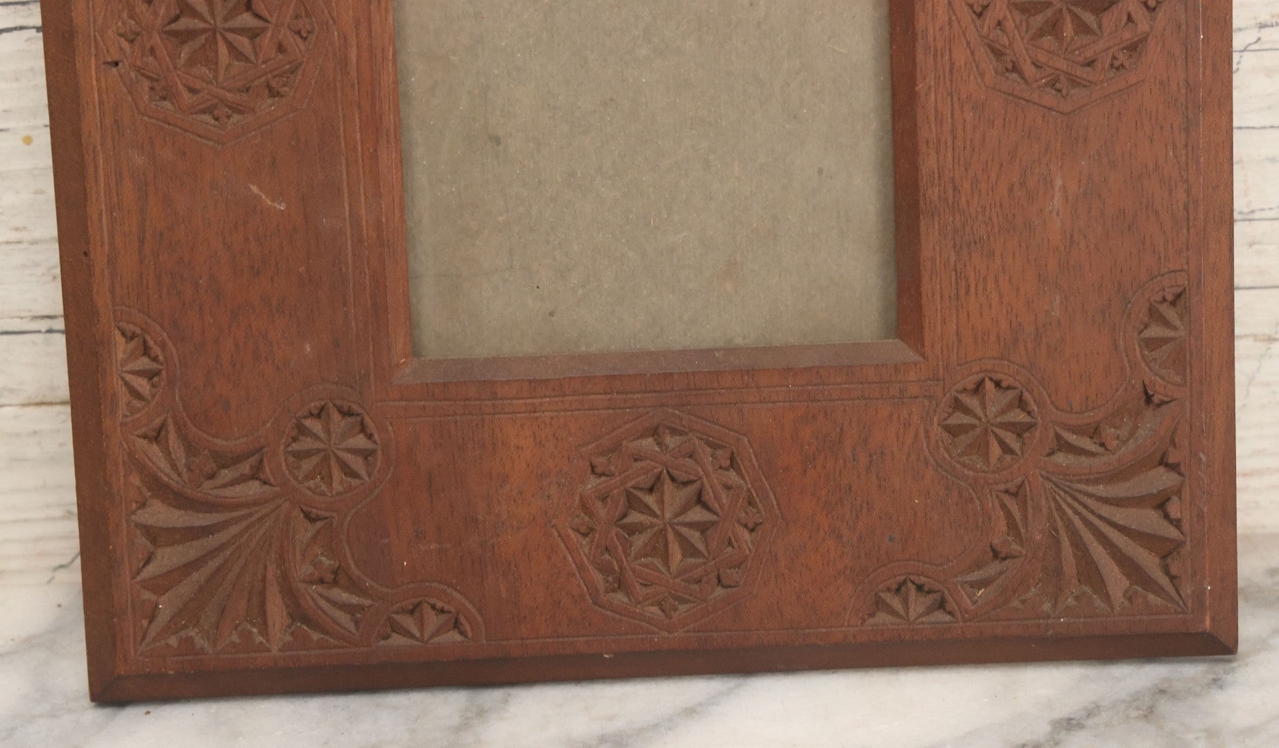Lot 108 - Vintage Folk Art Carved Wooden Frame With Geometric Patterns, Includes Glass And Backing Board, Frame Empty