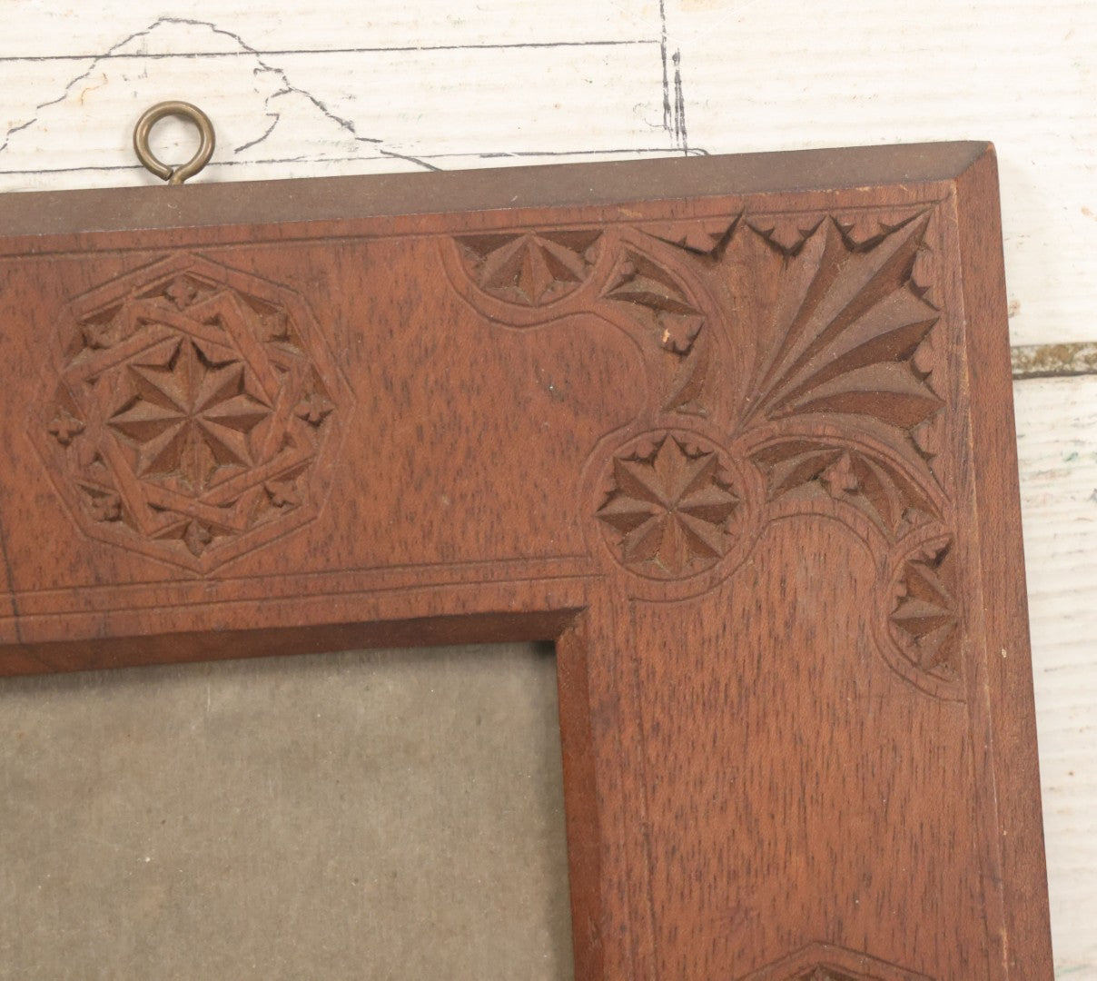 Lot 108 - Vintage Folk Art Carved Wooden Frame With Geometric Patterns, Includes Glass And Backing Board, Frame Empty