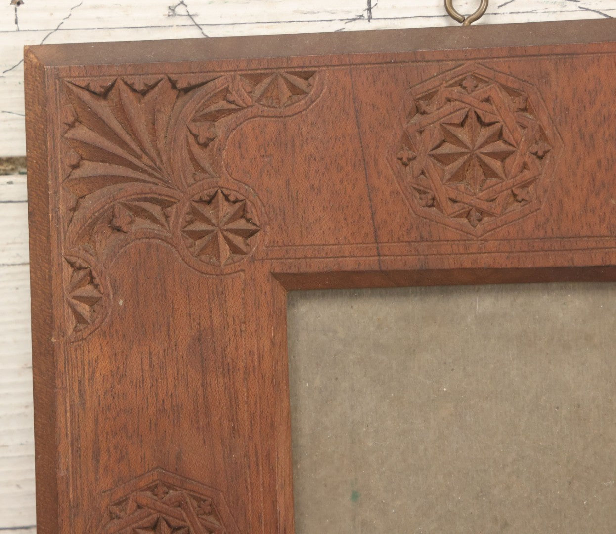 Lot 108 - Vintage Folk Art Carved Wooden Frame With Geometric Patterns, Includes Glass And Backing Board, Frame Empty