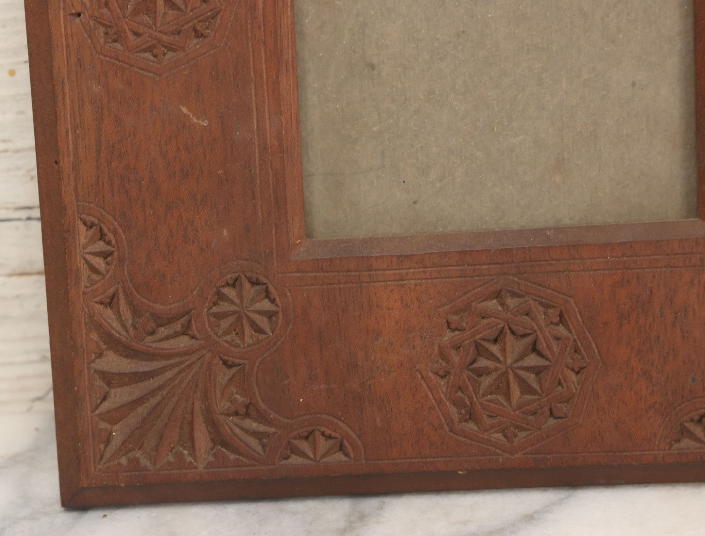 Lot 108 - Vintage Folk Art Carved Wooden Frame With Geometric Patterns, Includes Glass And Backing Board, Frame Empty