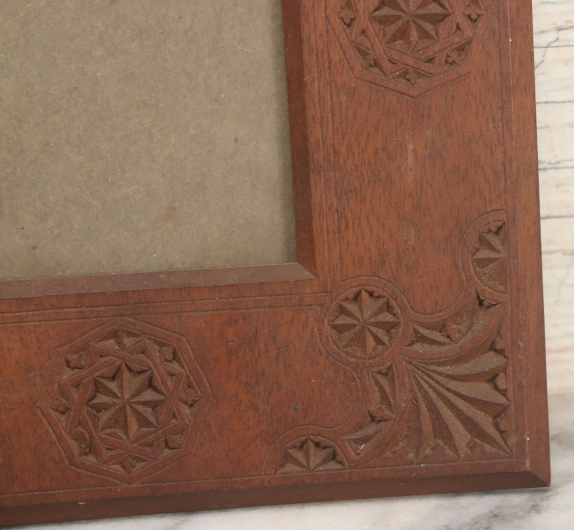 Lot 108 - Vintage Folk Art Carved Wooden Frame With Geometric Patterns, Includes Glass And Backing Board, Frame Empty