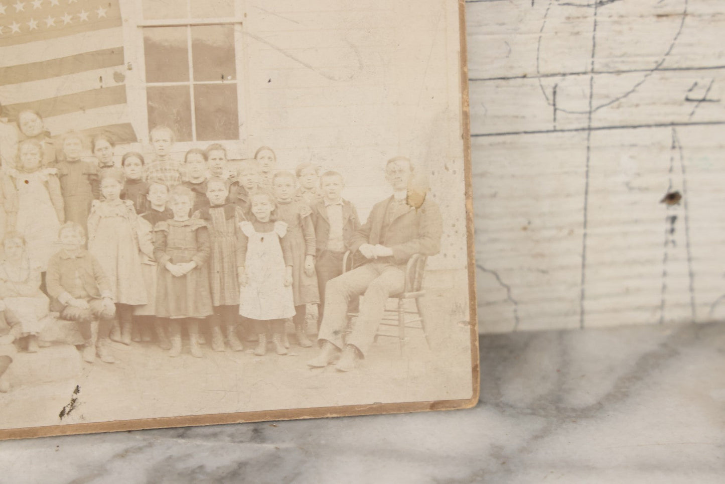 Lot 112 - Antique Boarded Photograph Of Western Pennsylvania School Class Posing In Front Of 44 Star American Flag With Teachers, Lenning & Thompson, Photographers, Martinsburg, Pennsylvania