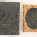 Lot 113 - Antique 1/4 Plate Tintype Photograph Of Civil War Era Soldier In Figural Thermoplastic Union Case With Cherub Battling Deer, Bird Adornments, Manufactured By Littlefield, Parsons, And Co., Note Photo Is Underexposed