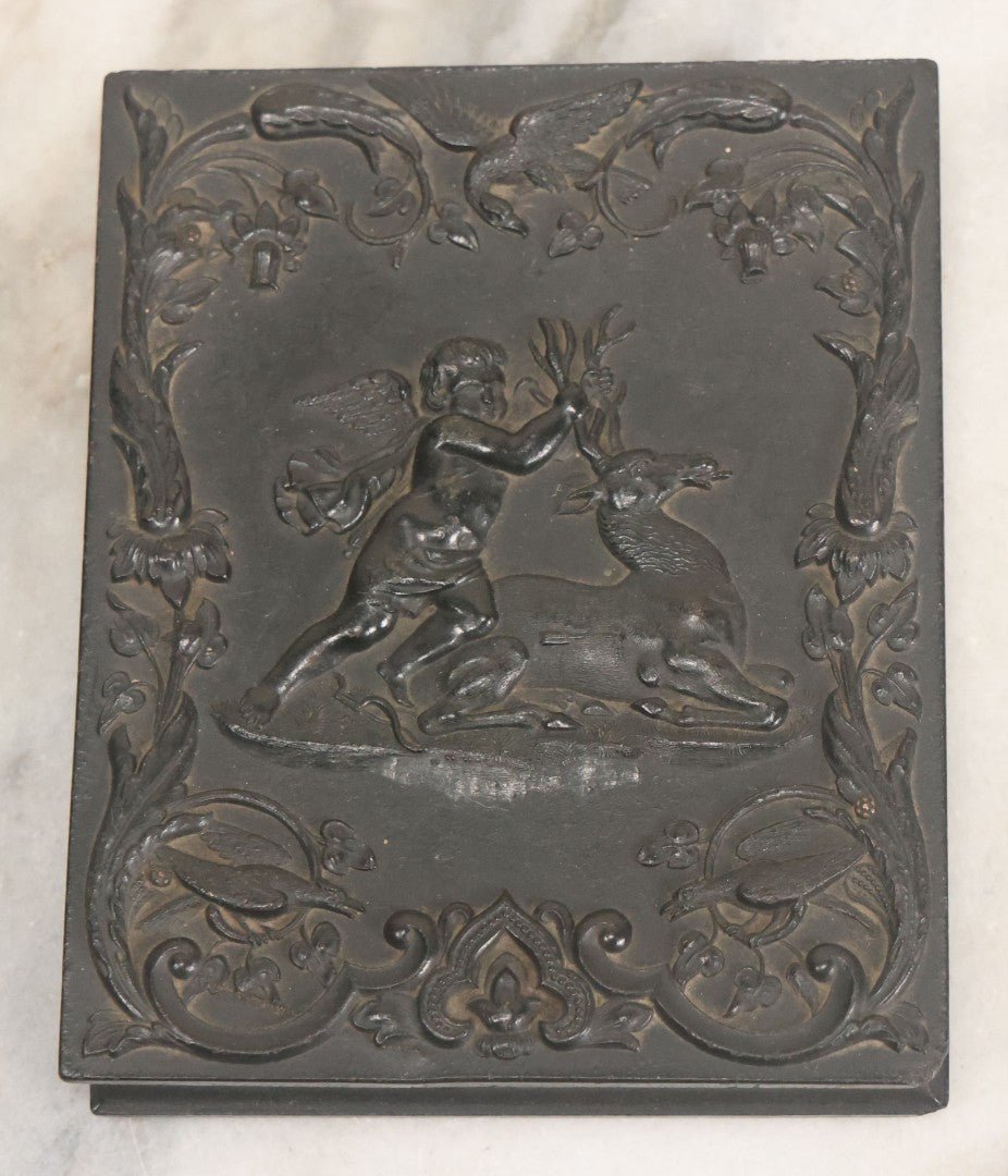 Lot 113 - Antique 1/4 Plate Tintype Photograph Of Civil War Era Soldier In Figural Thermoplastic Union Case With Cherub Battling Deer, Bird Adornments, Manufactured By Littlefield, Parsons, And Co., Note Photo Is Underexposed
