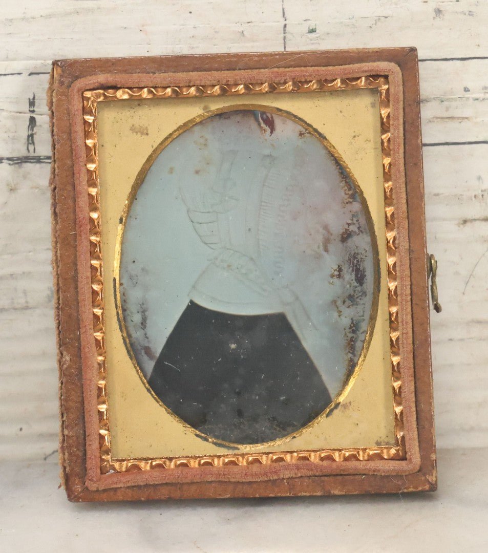Lot 114 - Antique 1/9th Plate Daguerreotype Photograph Of Folk Art Drawing Of Elderly Woman In White Bonnet, In Half Leatherette Union Case