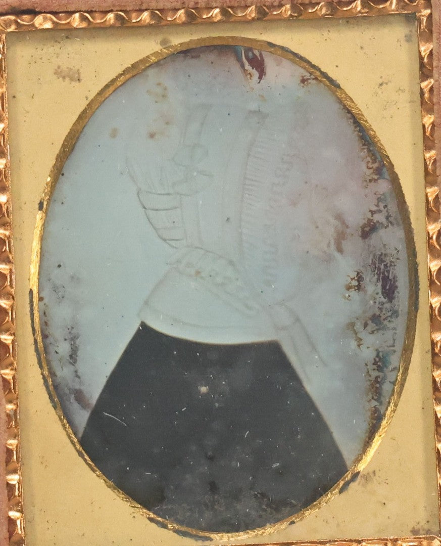 Lot 114 - Antique 1/9th Plate Daguerreotype Photograph Of Folk Art Drawing Of Elderly Woman In White Bonnet, In Half Leatherette Union Case