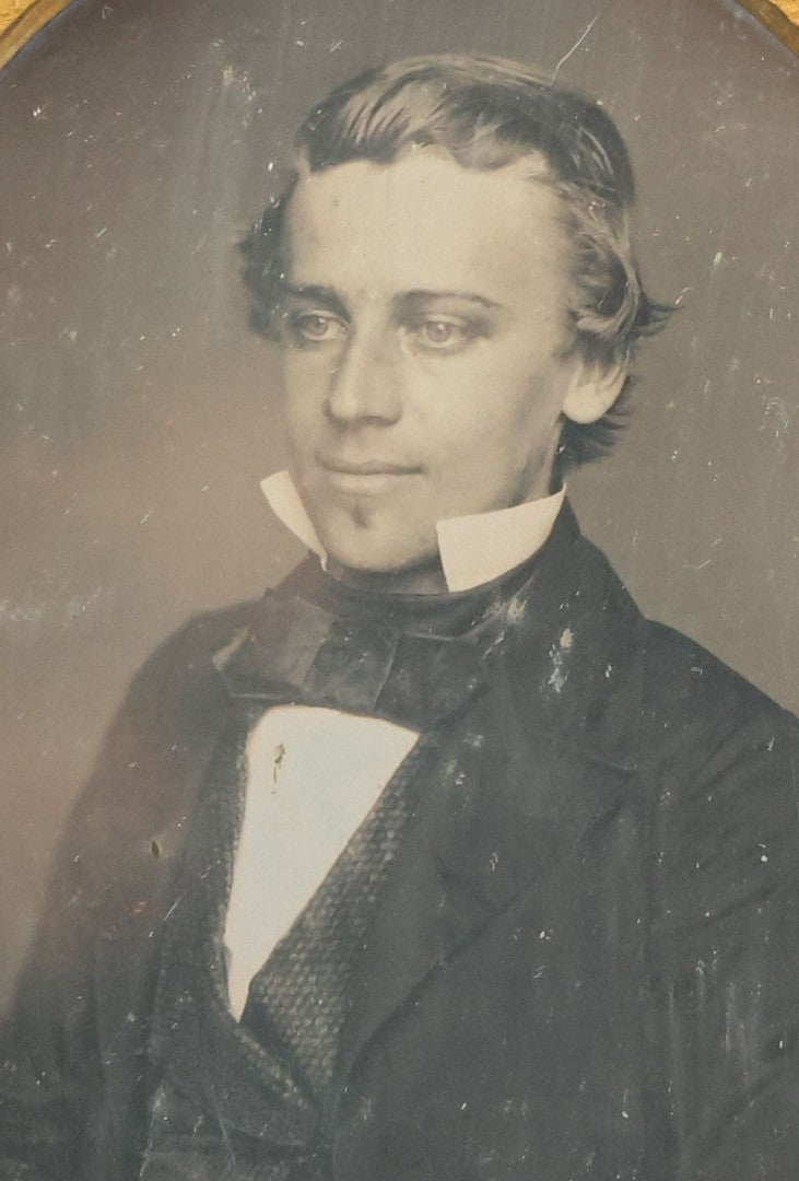 Lot 116 - Antique 1/4 Plate Daguerreotype Photograph Of Handsome Young Man With Slicked Back Hair, Soul Patch, In Suit, With Brass Mat, No Case