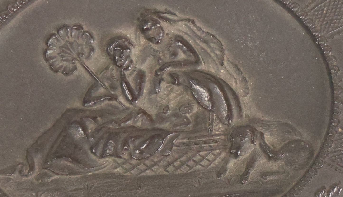 Lot 119 - Antique Color Painting Over Photograph Of Pretty Young Woman With Long Brown Hair, Dangly Earrings, In Figural Oval Thermoplastic Photo Case With Women, Baby And Dog