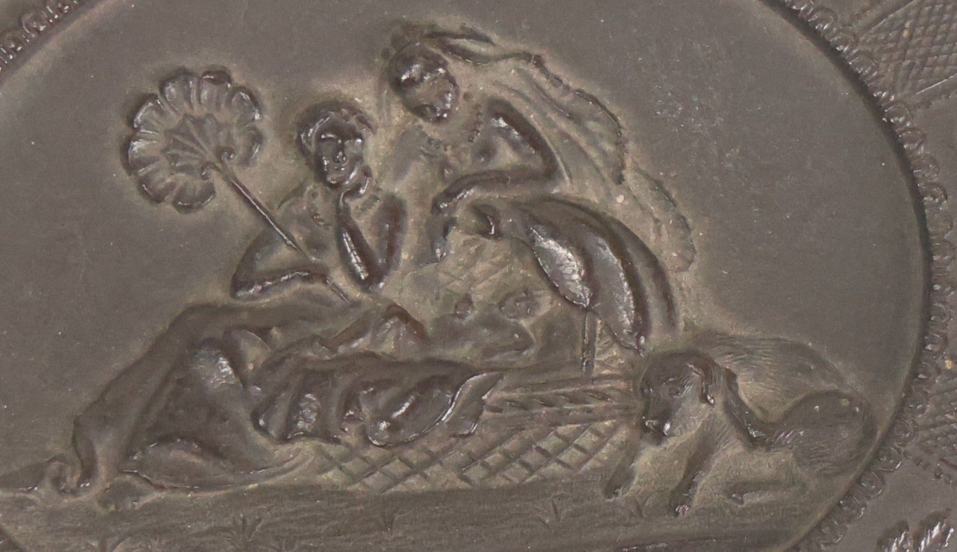 Lot 119 - Antique Color Painting Over Photograph Of Pretty Young Woman With Long Brown Hair, Dangly Earrings, In Figural Oval Thermoplastic Photo Case With Women, Baby And Dog