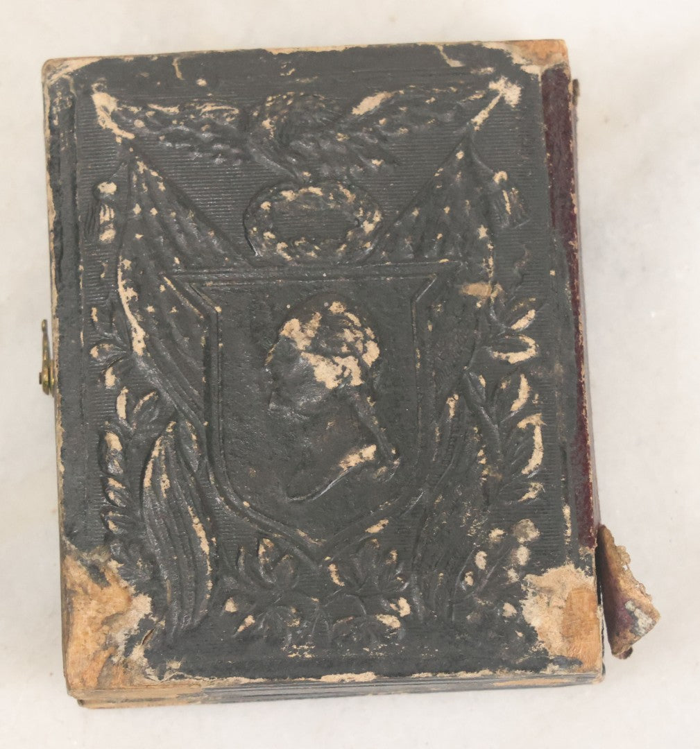 Lot 121 - Antique 1/9th Plate Tintype Photograph Of Pretty Young Girl Wearing Elaborate Scarf In Leatherette Case With George Washington Bust, American Flags, Eagle, And Laurel Crown, Note Heavy Wear And Tear