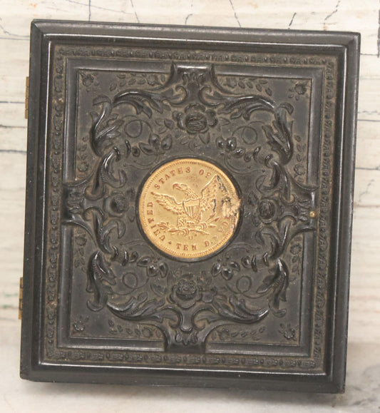 Lot 122 - Antique 1/6th Plate Hard Image Thermoplastic Case With Patriotic Motif, United States Of America Seal With Eagle, Faux Ten Dollar Coin, Genuine Union Case, By S. Peck & H. Halverson, Circa 1860
