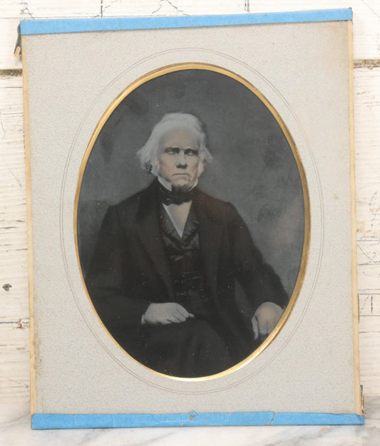 Lot 123 - Antique Full Plate Tintype Of Stately Looking Man With White Hair, Hand Painted Details, With Original Mat And Wood Backing, Glass Covering, No Frame, As Found, 8" x 10"