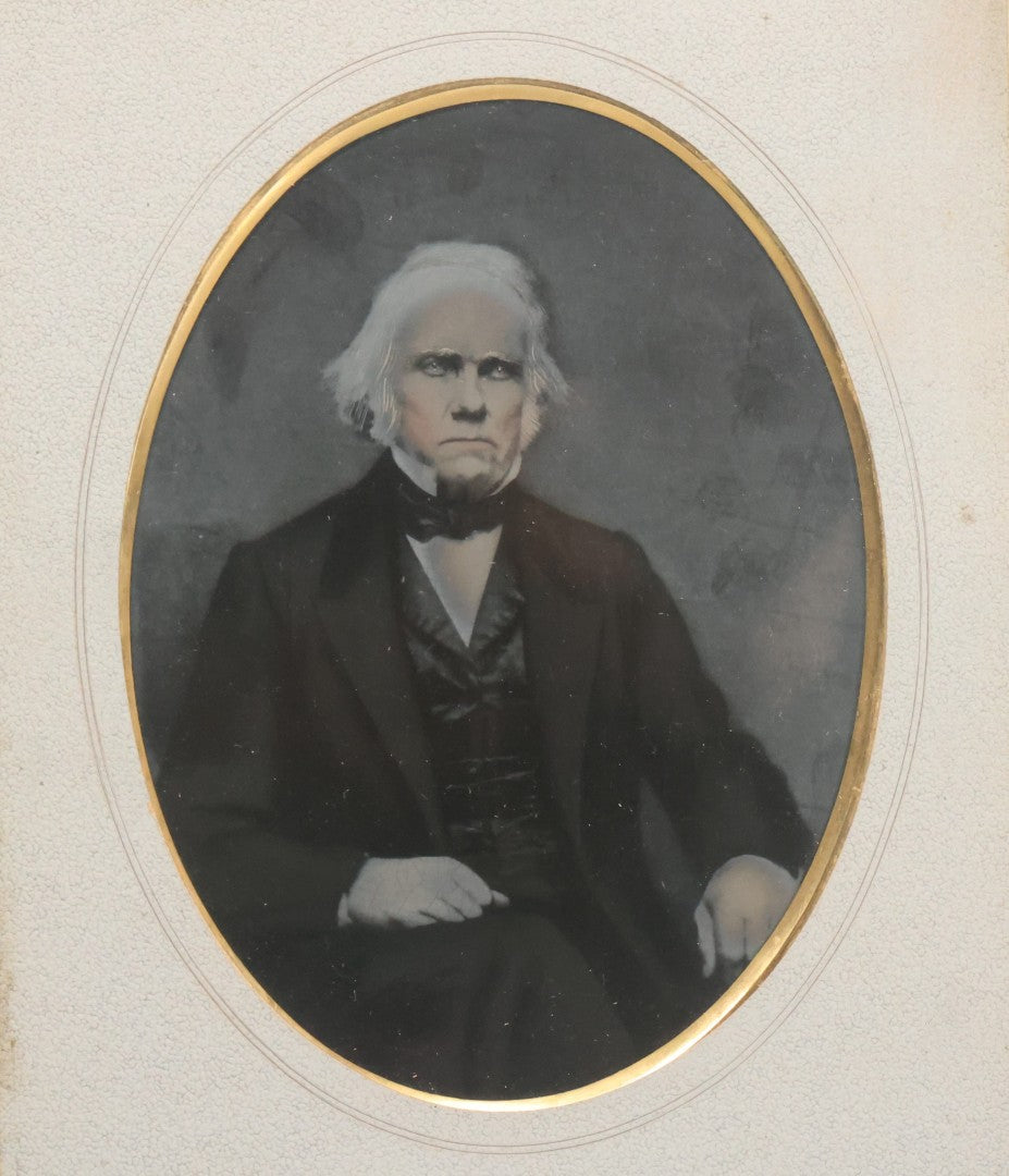 Lot 123 - Antique Full Plate Tintype Of Stately Looking Man With White Hair, Hand Painted Details, With Original Mat And Wood Backing, Glass Covering, No Frame, As Found, 8" x 10"