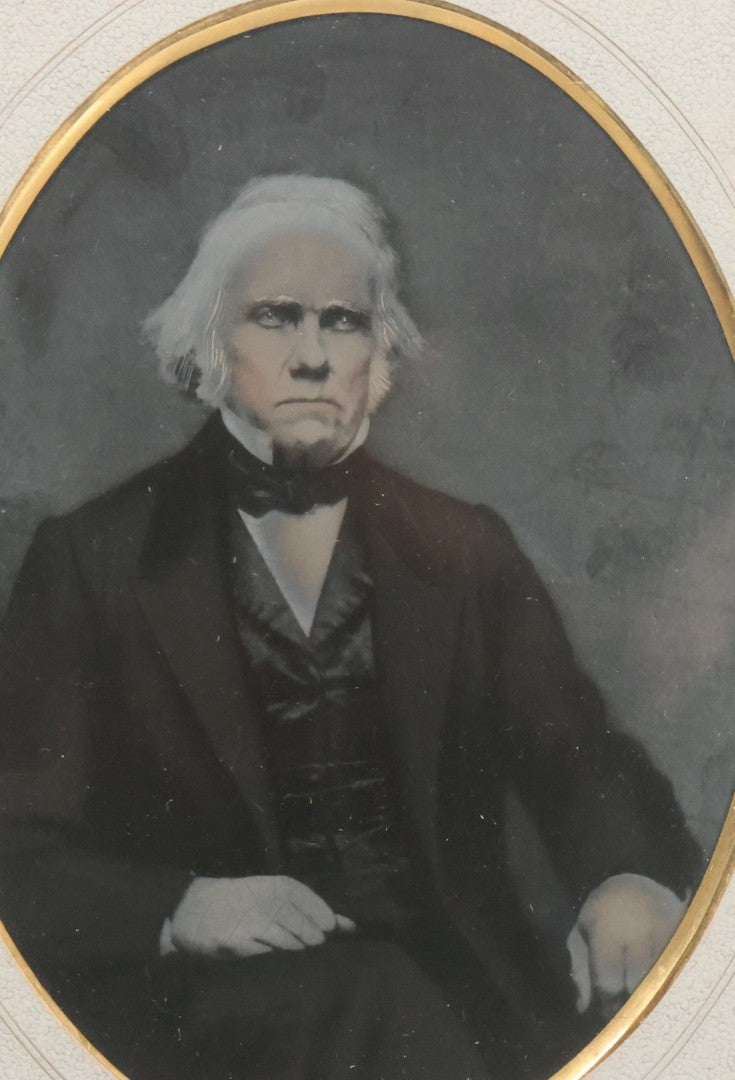 Lot 123 - Antique Full Plate Tintype Of Stately Looking Man With White Hair, Hand Painted Details, With Original Mat And Wood Backing, Glass Covering, No Frame, As Found, 8" x 10"