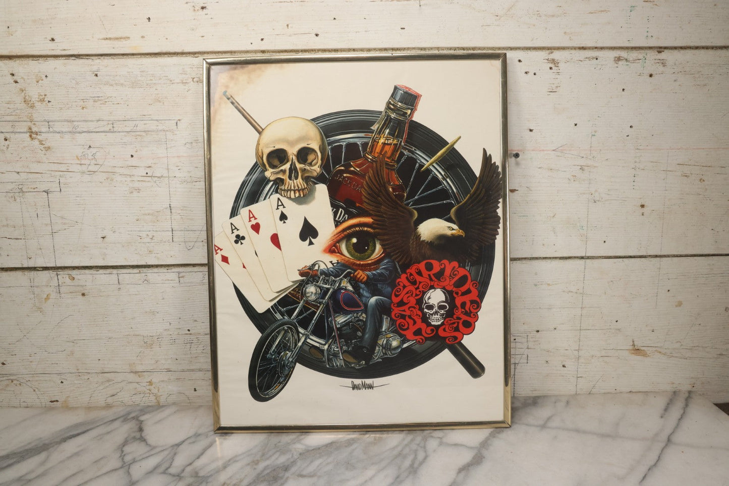 Lot 130 - Vintage David Mann Illustrated Easy Riders Novelty Poster With Motorcycle, Four Aces, Skull, Eagle, And Jack Daniels, Framed Carnival Prize, 16-1/4" x 20-1/4"