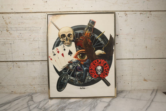 Lot 130 - Vintage David Mann Illustrated Easy Riders Novelty Poster With Motorcycle, Four Aces, Skull, Eagle, And Jack Daniels, Framed Carnival Prize, 16-1/4" x 20-1/4"