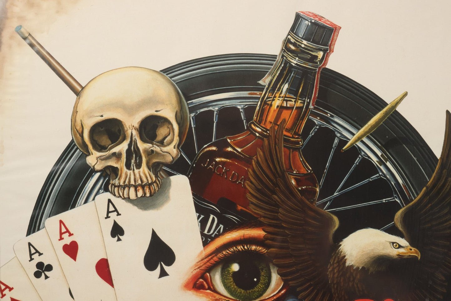 Lot 130 - Vintage David Mann Illustrated Easy Riders Novelty Poster With Motorcycle, Four Aces, Skull, Eagle, And Jack Daniels, Framed Carnival Prize, 16-1/4" x 20-1/4"