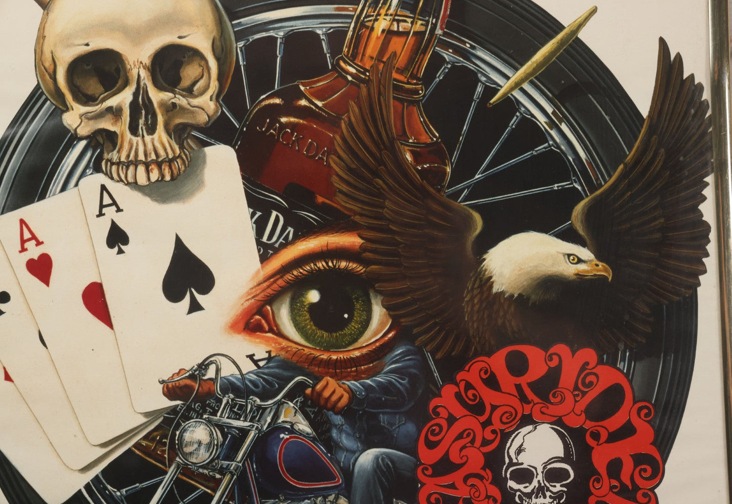 Lot 130 - Vintage David Mann Illustrated Easy Riders Novelty Poster With Motorcycle, Four Aces, Skull, Eagle, And Jack Daniels, Framed Carnival Prize, 16-1/4" x 20-1/4"