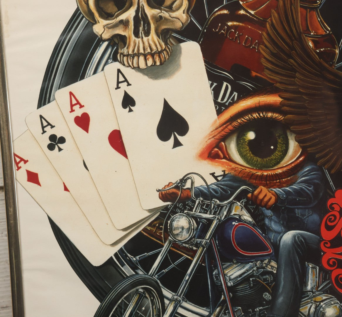 Lot 130 - Vintage David Mann Illustrated Easy Riders Novelty Poster With Motorcycle, Four Aces, Skull, Eagle, And Jack Daniels, Framed Carnival Prize, 16-1/4" x 20-1/4"