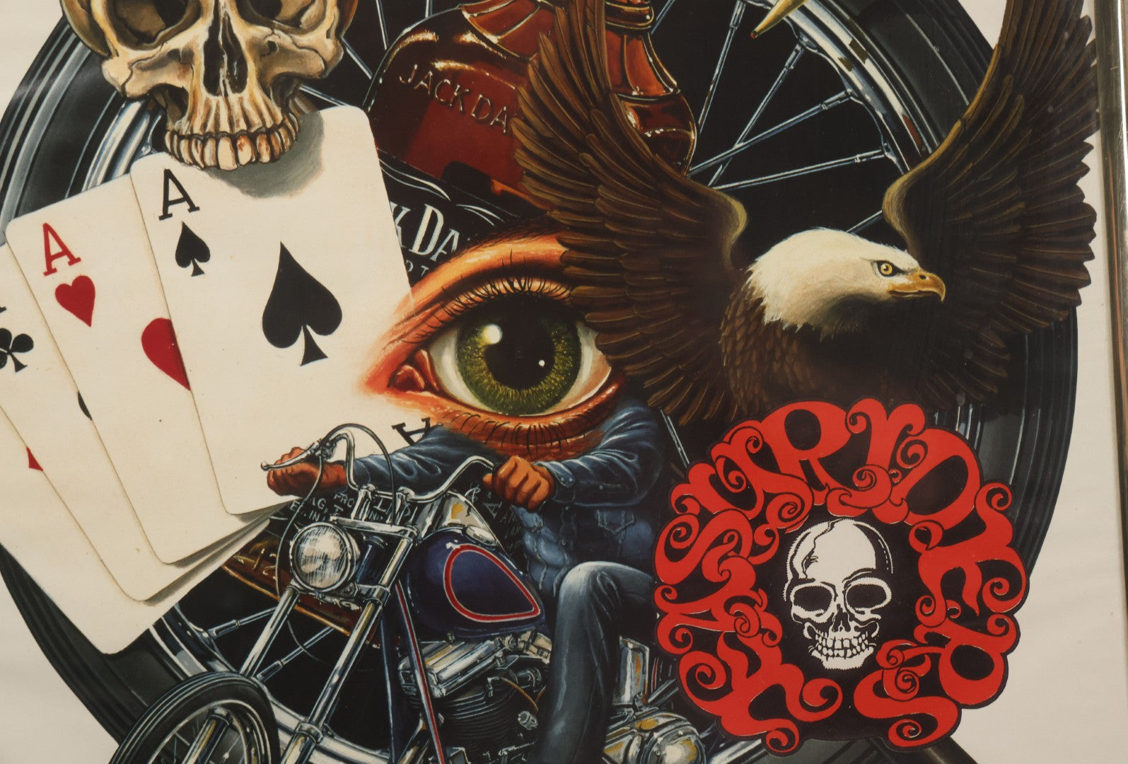 Lot 130 - Vintage David Mann Illustrated Easy Riders Novelty Poster With Motorcycle, Four Aces, Skull, Eagle, And Jack Daniels, Framed Carnival Prize, 16-1/4" x 20-1/4"