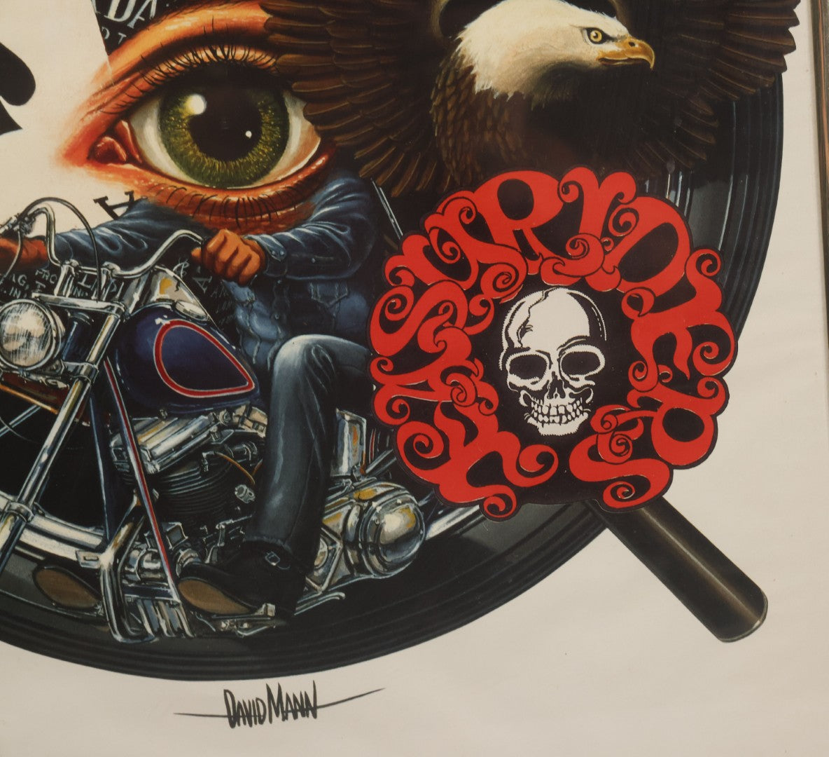Lot 130 - Vintage David Mann Illustrated Easy Riders Novelty Poster With Motorcycle, Four Aces, Skull, Eagle, And Jack Daniels, Framed Carnival Prize, 16-1/4" x 20-1/4"