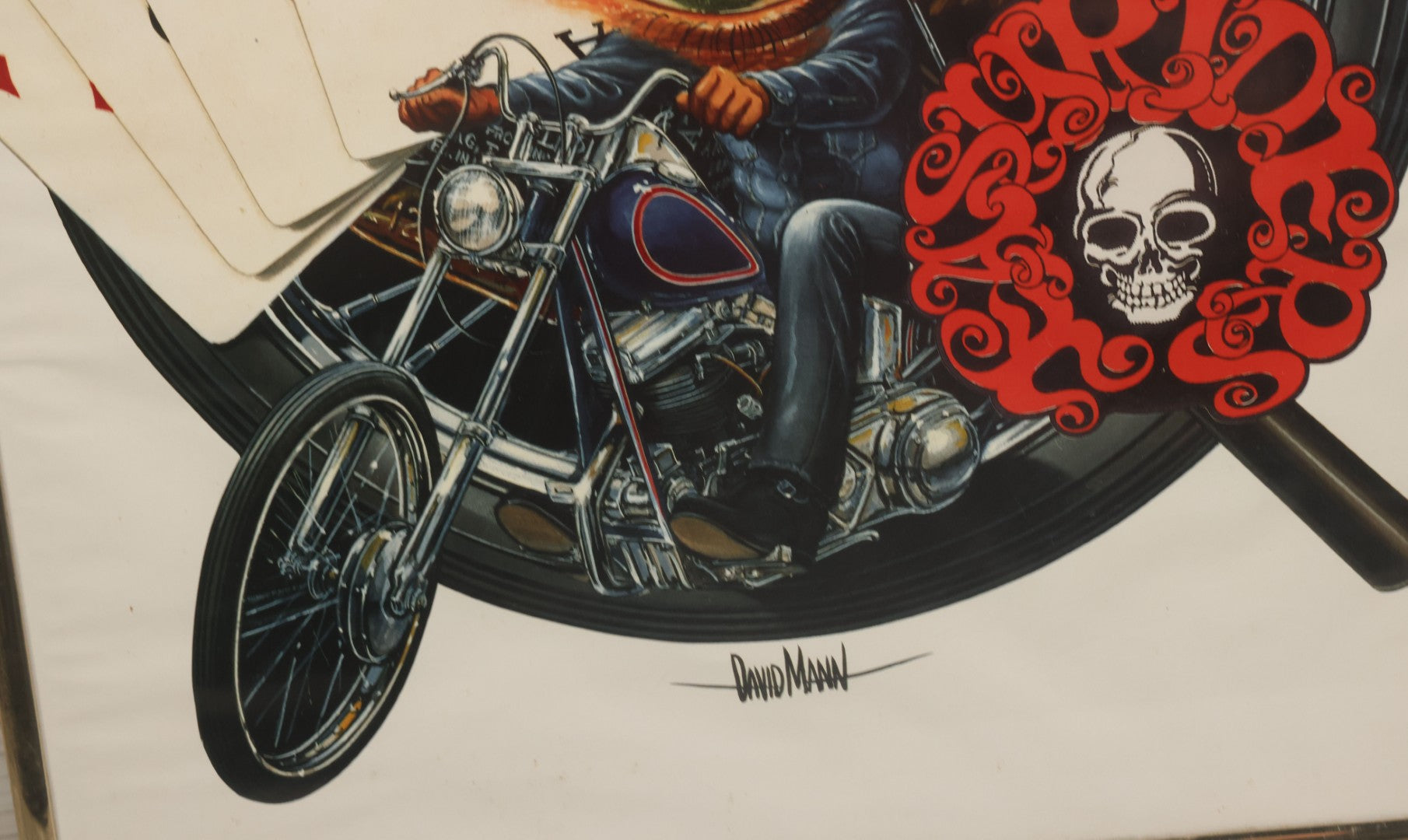 Lot 130 - Vintage David Mann Illustrated Easy Riders Novelty Poster With Motorcycle, Four Aces, Skull, Eagle, And Jack Daniels, Framed Carnival Prize, 16-1/4" x 20-1/4"