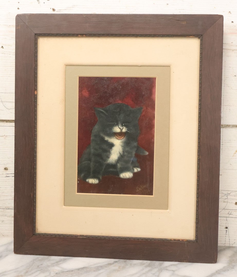 Lot 016 - Antique Painting Of Kitten With Red Background, After A Popular Postcard Design Artist Signed L.A. Vene, 1924, In Frame With Double Mat, 13-1/2" x 16"