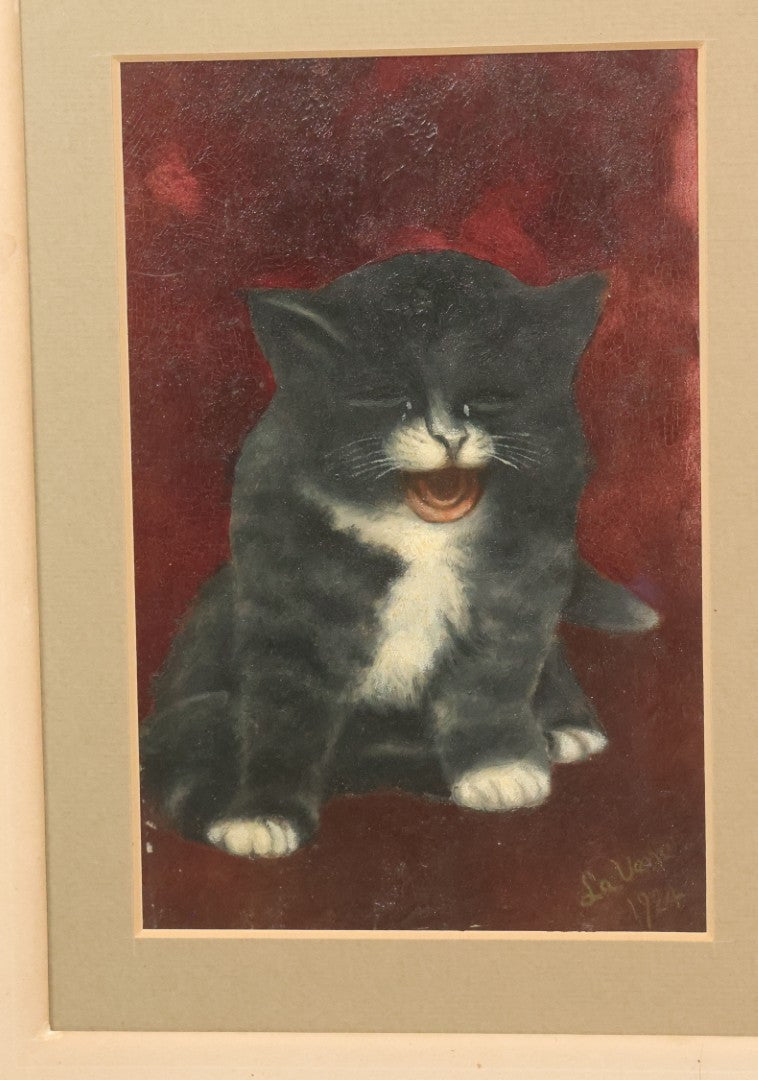 Lot 016 - Antique Painting Of Kitten With Red Background, After A Popular Postcard Design Artist Signed L.A. Vene, 1924, In Frame With Double Mat, 13-1/2" x 16"