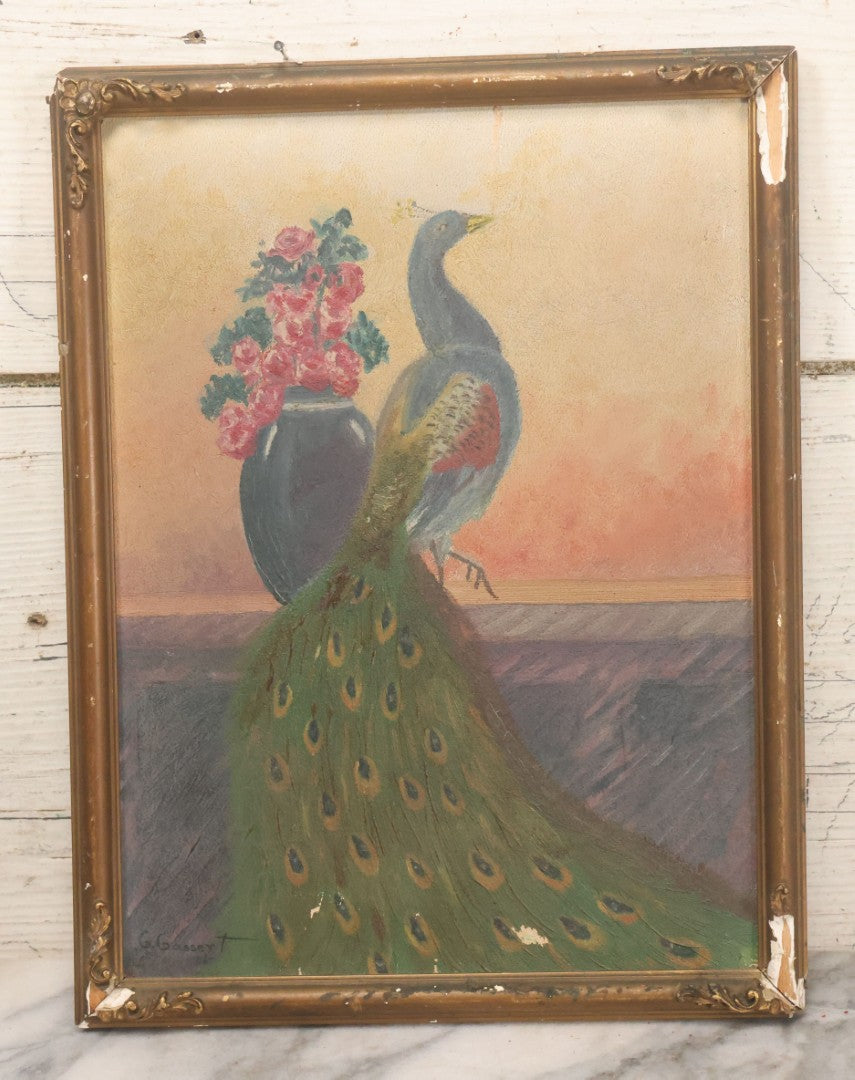Lot 017 - Vintage Painting On Paper Of Peacock Bird Next To Flower Vase, Artist Signed G. Gassert, 1935, In Frame, 10" x 13"