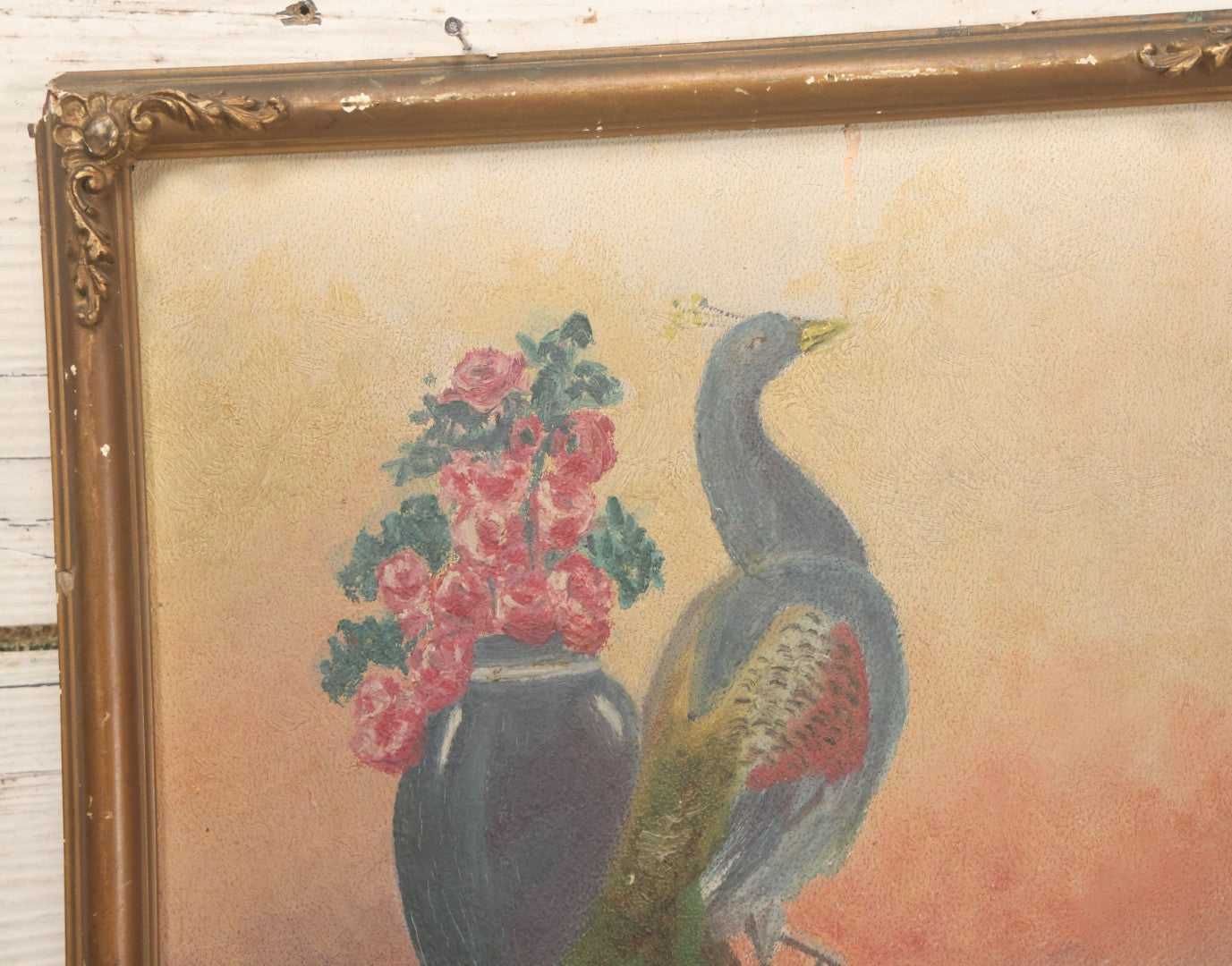 Lot 017 - Vintage Painting On Paper Of Peacock Bird Next To Flower Vase, Artist Signed G. Gassert, 1935, In Frame, 10" x 13"