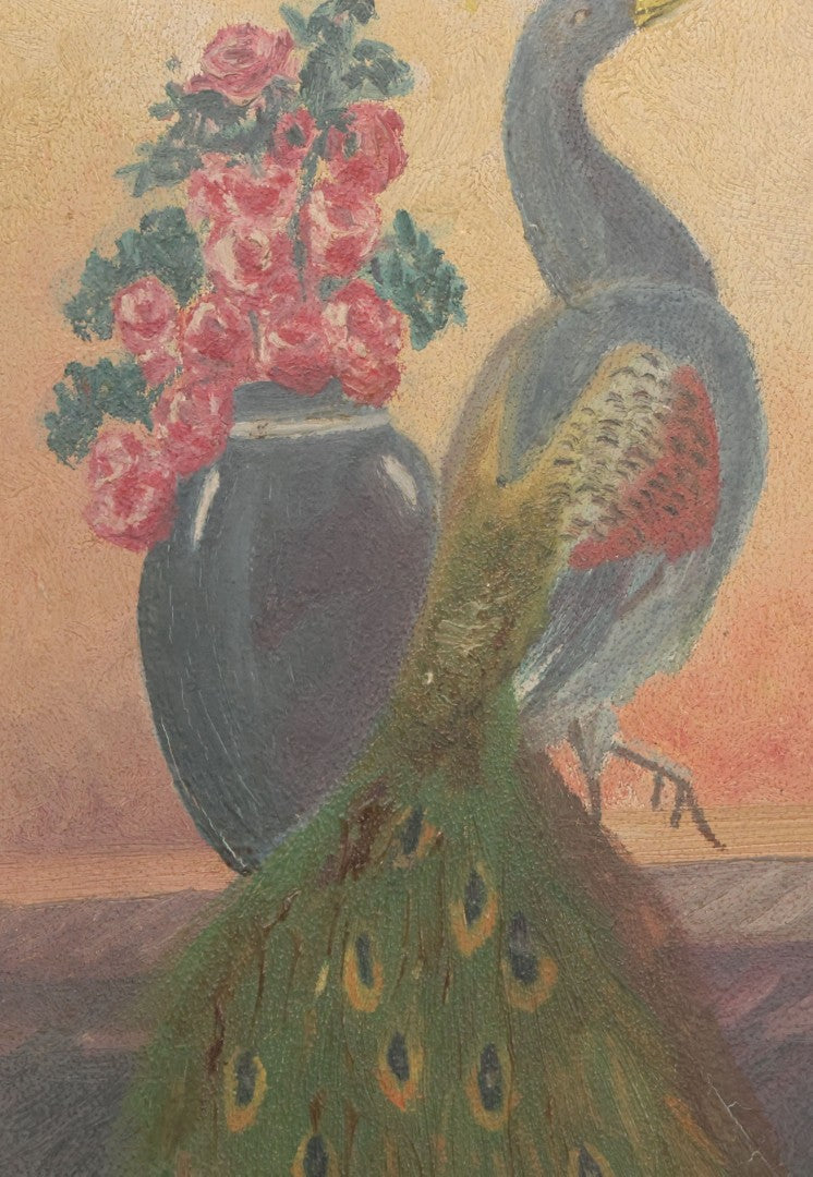 Lot 017 - Vintage Painting On Paper Of Peacock Bird Next To Flower Vase, Artist Signed G. Gassert, 1935, In Frame, 10" x 13"