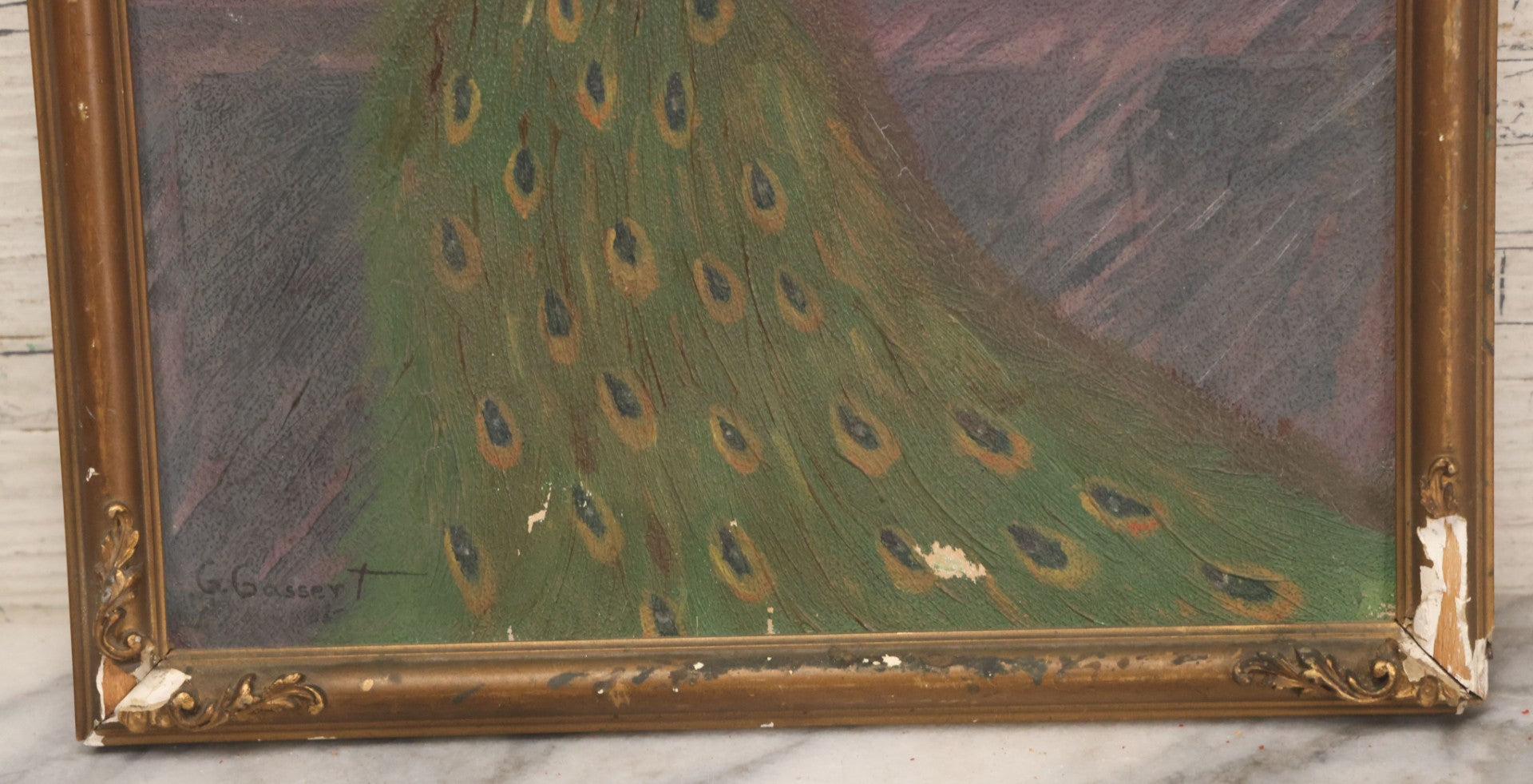 Lot 017 - Vintage Painting On Paper Of Peacock Bird Next To Flower Vase, Artist Signed G. Gassert, 1935, In Frame, 10" x 13"