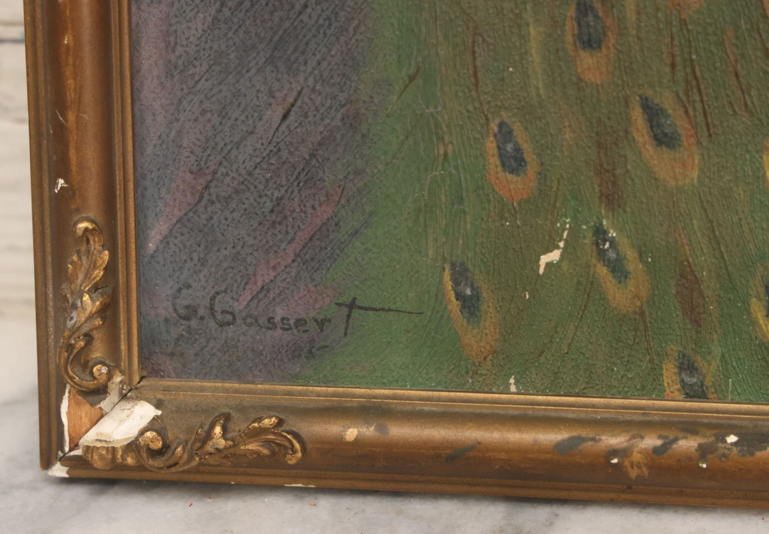 Lot 017 - Vintage Painting On Paper Of Peacock Bird Next To Flower Vase, Artist Signed G. Gassert, 1935, In Frame, 10" x 13"