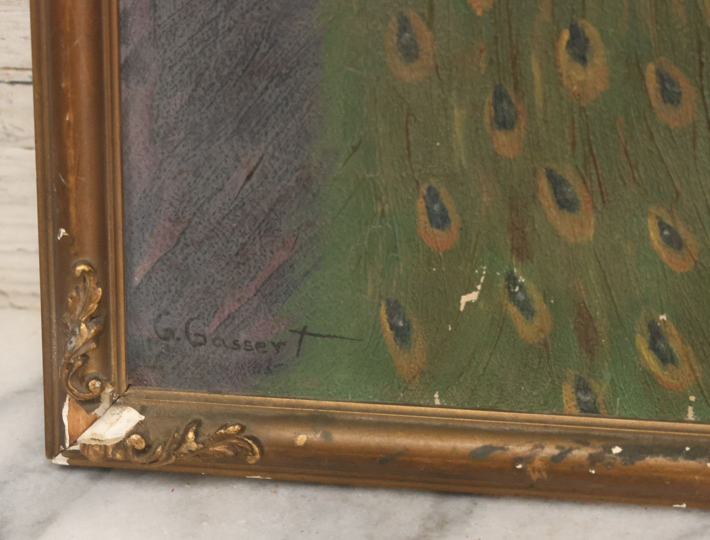 Lot 017 - Vintage Painting On Paper Of Peacock Bird Next To Flower Vase, Artist Signed G. Gassert, 1935, In Frame, 10" x 13"