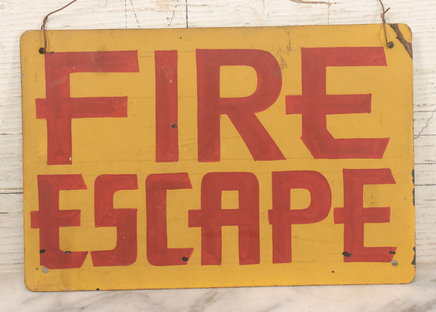 Lot 019 - Vintage Hand Painted "Fire Escape" Tin Sign With Red Lettering On Yellow Field With Wire Hanger, 9-3/4" x 6-1/2"