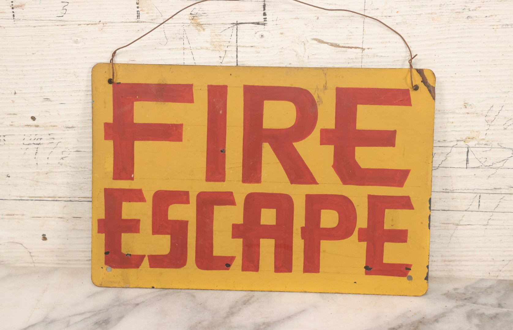 Lot 019 - Vintage Hand Painted "Fire Escape" Tin Sign With Red Lettering On Yellow Field With Wire Hanger, 9-3/4" x 6-1/2"