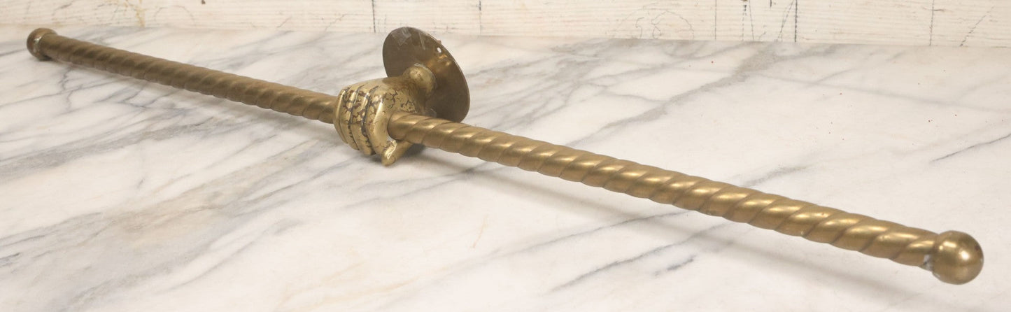 Lot 020 - Antique Solid Brass Center Mount Towel Rack With Fist Holding Pole Motif, Including Original Slotted Screw Mounting Hardware, 30" Length