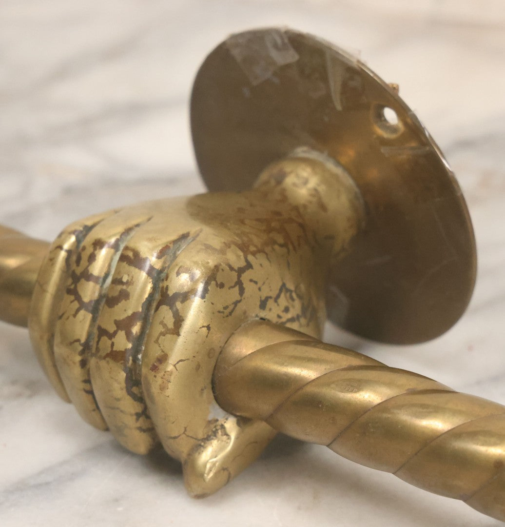 Lot 020 - Antique Solid Brass Center Mount Towel Rack With Fist Holding Pole Motif, Including Original Slotted Screw Mounting Hardware, 30" Length