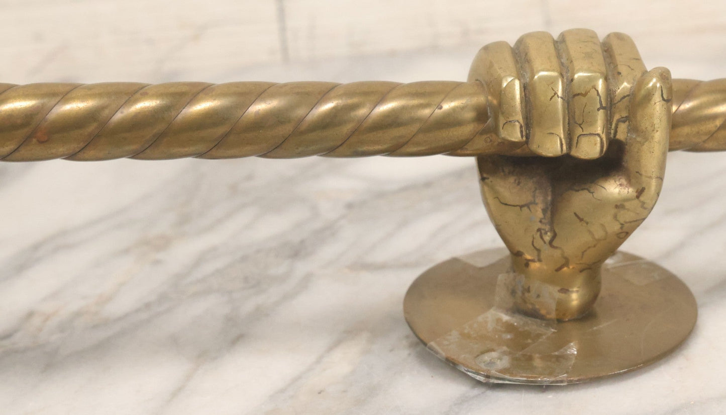 Lot 020 - Antique Solid Brass Center Mount Towel Rack With Fist Holding Pole Motif, Including Original Slotted Screw Mounting Hardware, 30" Length