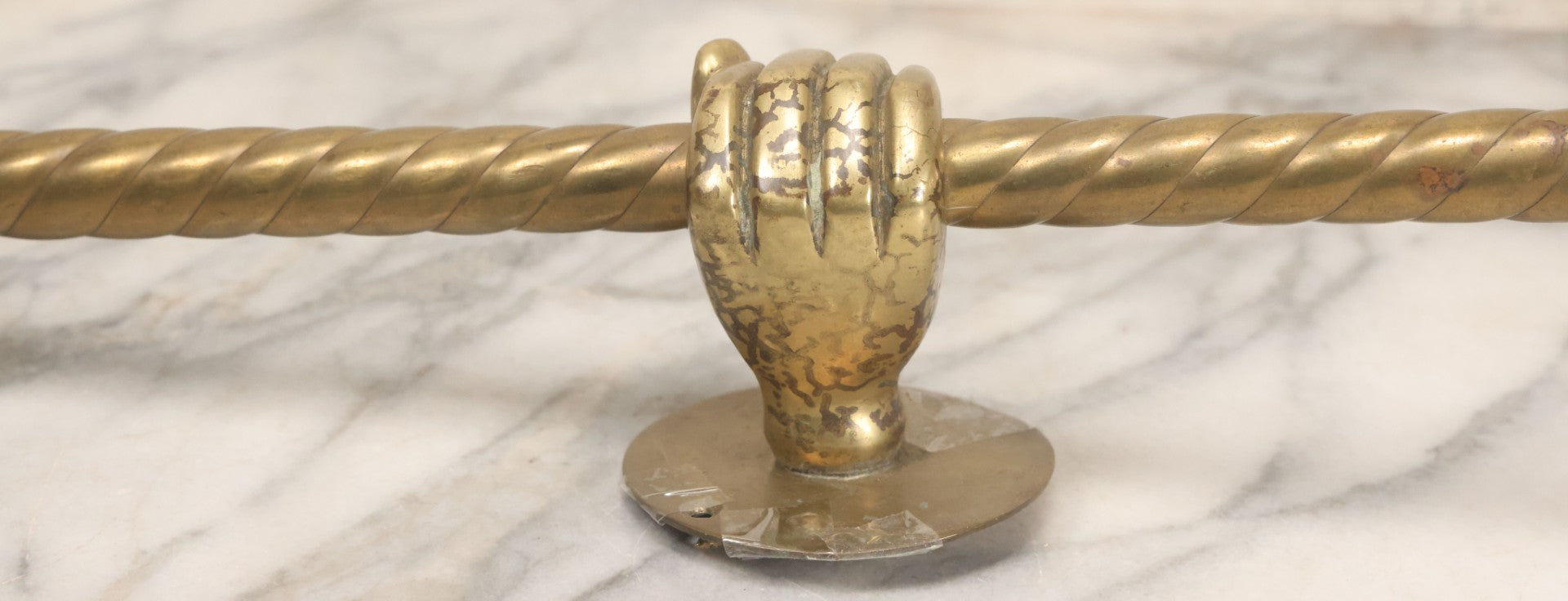Lot 020 - Antique Solid Brass Center Mount Towel Rack With Fist Holding Pole Motif, Including Original Slotted Screw Mounting Hardware, 30" Length