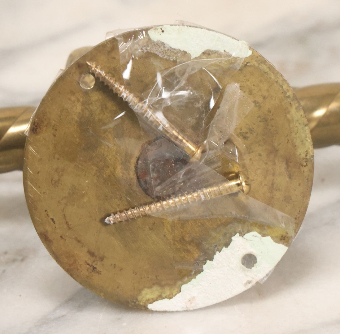 Lot 020 - Antique Solid Brass Center Mount Towel Rack With Fist Holding Pole Motif, Including Original Slotted Screw Mounting Hardware, 30" Length