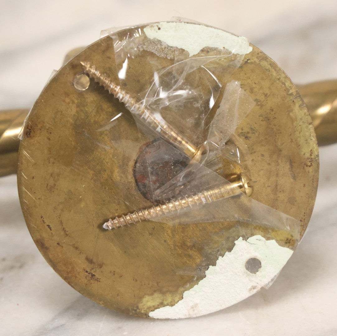 Lot 020 - Antique Solid Brass Center Mount Towel Rack With Fist Holding Pole Motif, Including Original Slotted Screw Mounting Hardware, 30" Length