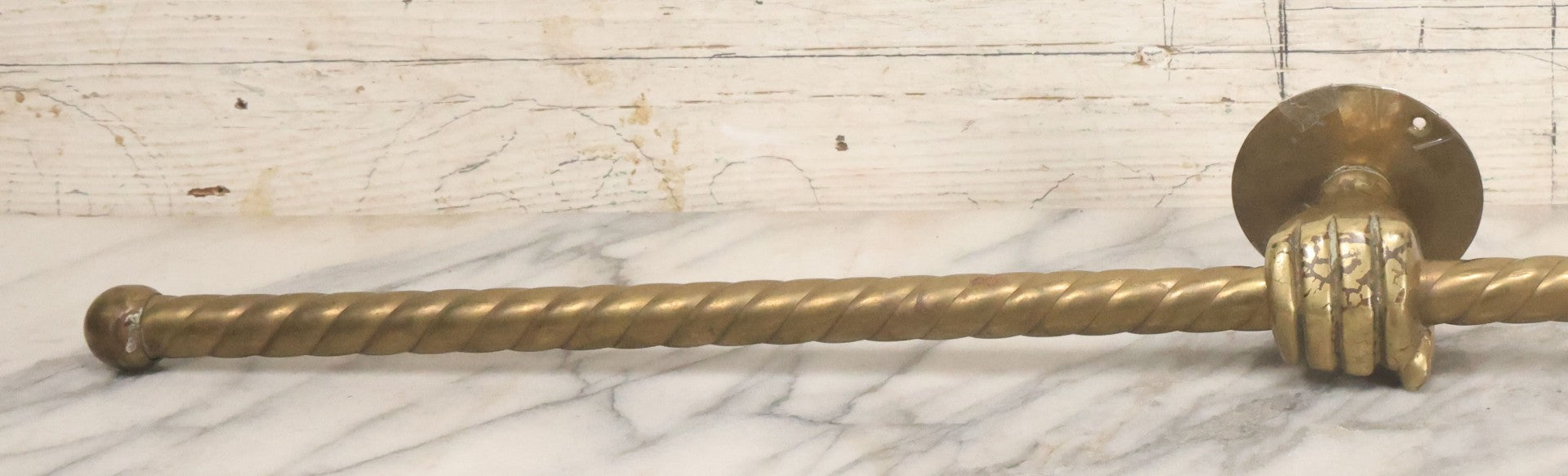 Lot 020 - Antique Solid Brass Center Mount Towel Rack With Fist Holding Pole Motif, Including Original Slotted Screw Mounting Hardware, 30" Length