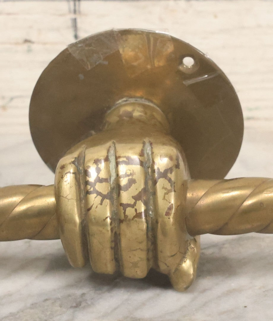 Lot 020 - Antique Solid Brass Center Mount Towel Rack With Fist Holding Pole Motif, Including Original Slotted Screw Mounting Hardware, 30" Length