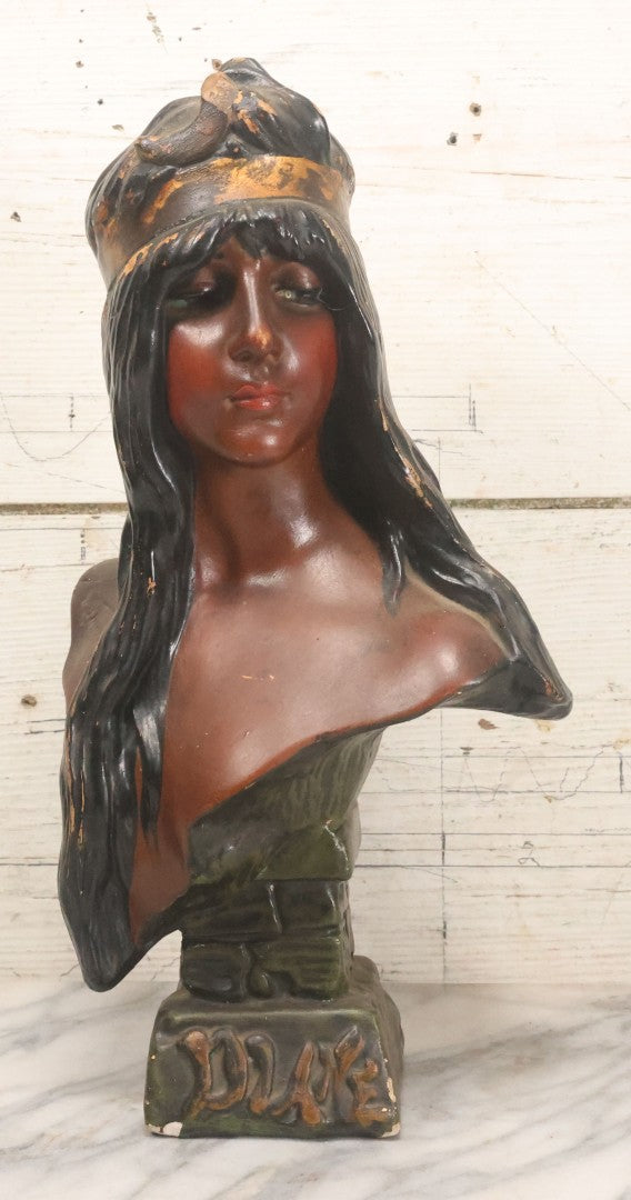 Lot 021 - Antique Art Nouveau Chalkware Bust Statue Of Diana / Diane, Roman Goddess Of The Moon And The Hunt, After Emmanuel Villanis (French, 1858-1914), Note Chipping, Losses, 15-3/4" H