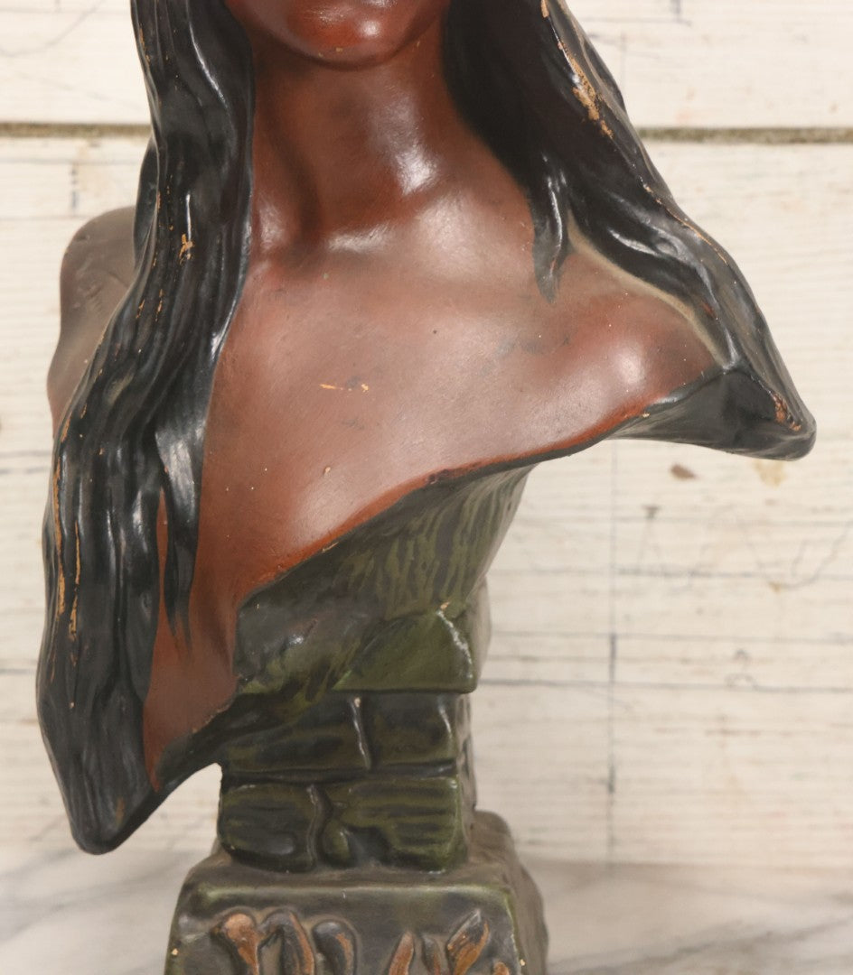 Lot 021 - Antique Art Nouveau Chalkware Bust Statue Of Diana / Diane, Roman Goddess Of The Moon And The Hunt, After Emmanuel Villanis (French, 1858-1914), Note Chipping, Losses, 15-3/4" H