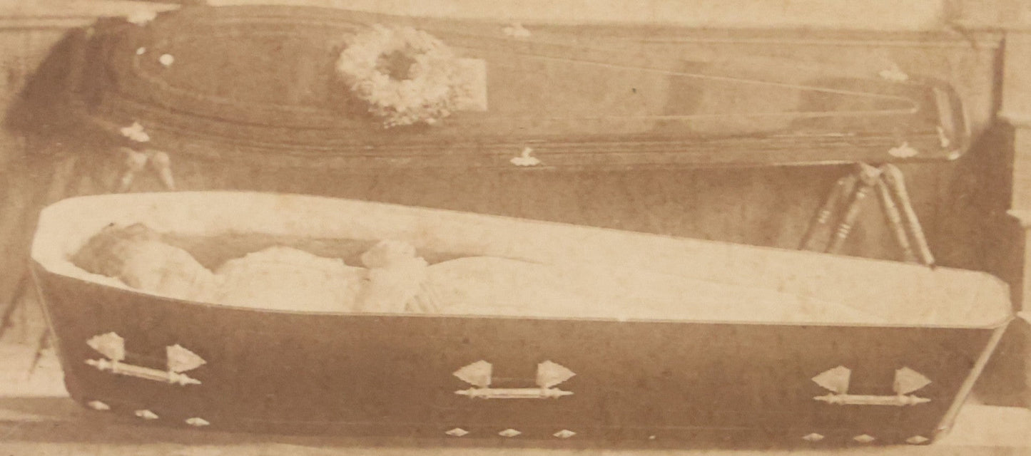 Lot 023 - Antique Carte De Visite C.D.V. Postmortem Photograph Of Woman In Her Coffin, With Full Coffin And Cover On Display With Stands, Wallick, Photographer, Hagerstown, Indiana