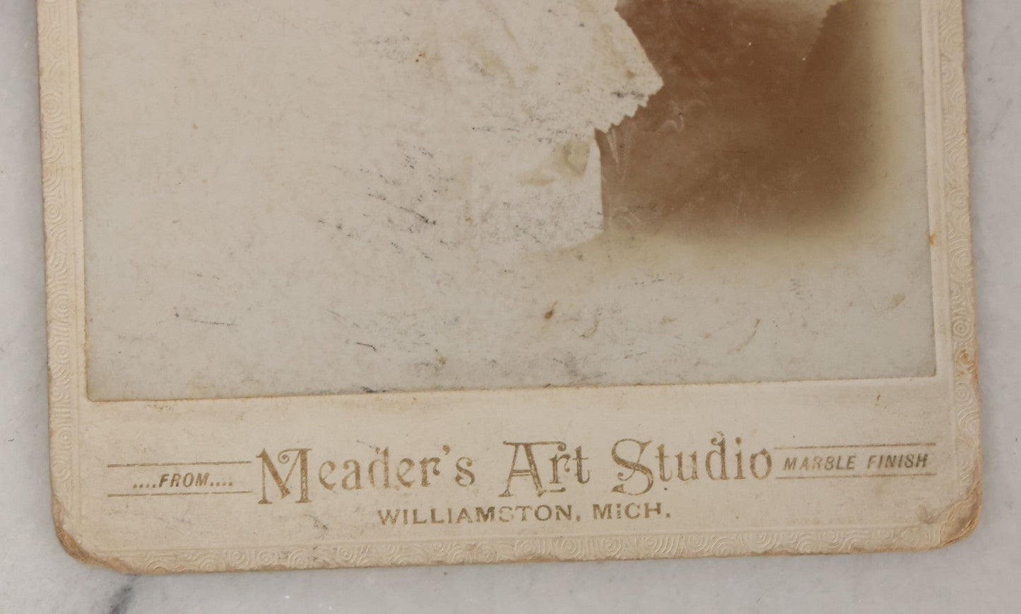 Lot 026 - Antique Cabinet Card Postmortem Photograph Of Young Girl On Funeral Table, Identified As Bernice Taylor, Granddaughter Of Arnold Johnson, From Meader's Art Studio, Williamston, Michigan